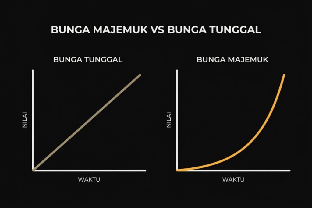 Ilustrasi perbandingan bunga majemuk dan bunga tunggal lewat dua kurva pertumbuhan
