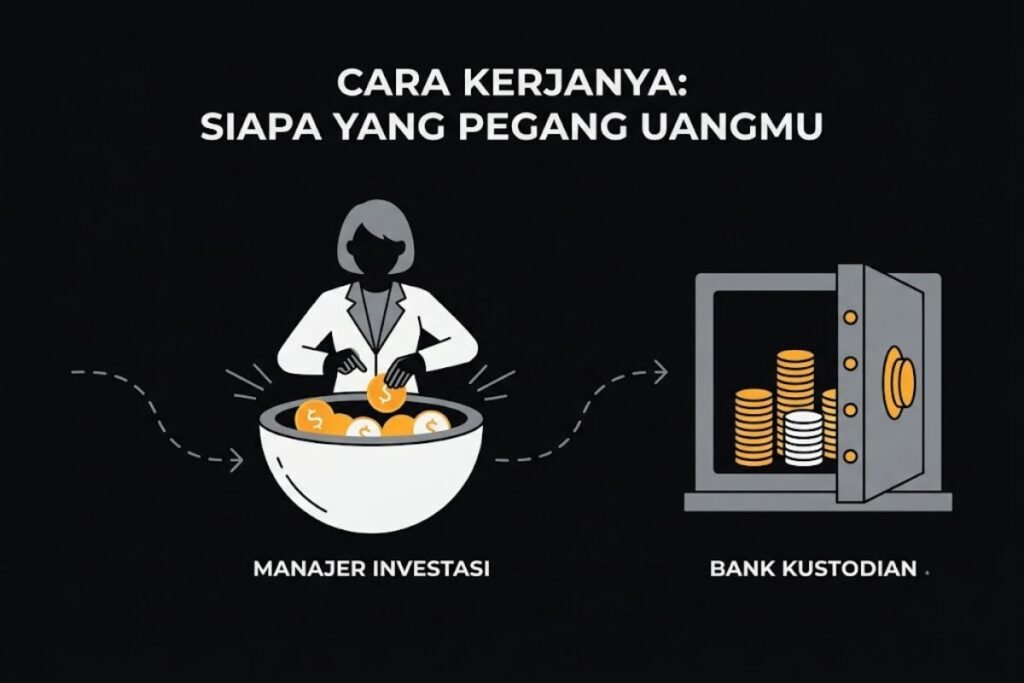 Ilustrasi cara kerja reksadana, manajer investasi dan bank kustodian mengelola dana