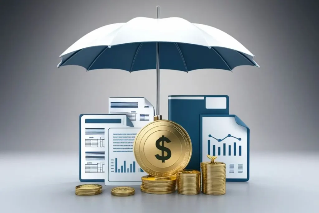 Payung melindungi koin emas dan dokumen aset simbol perlindungan investasi dari risiko inflasi
