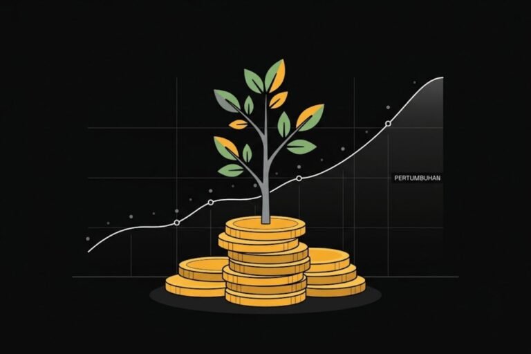Ilustrasi konsep investasi untuk pemula, tunas tumbuh dari koin dengan grafik menanjak