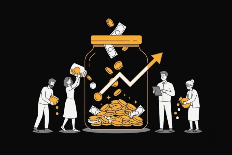 Ilustrasi konsep reksadana, dana dari banyak investor dikumpulkan dalam satu wadah