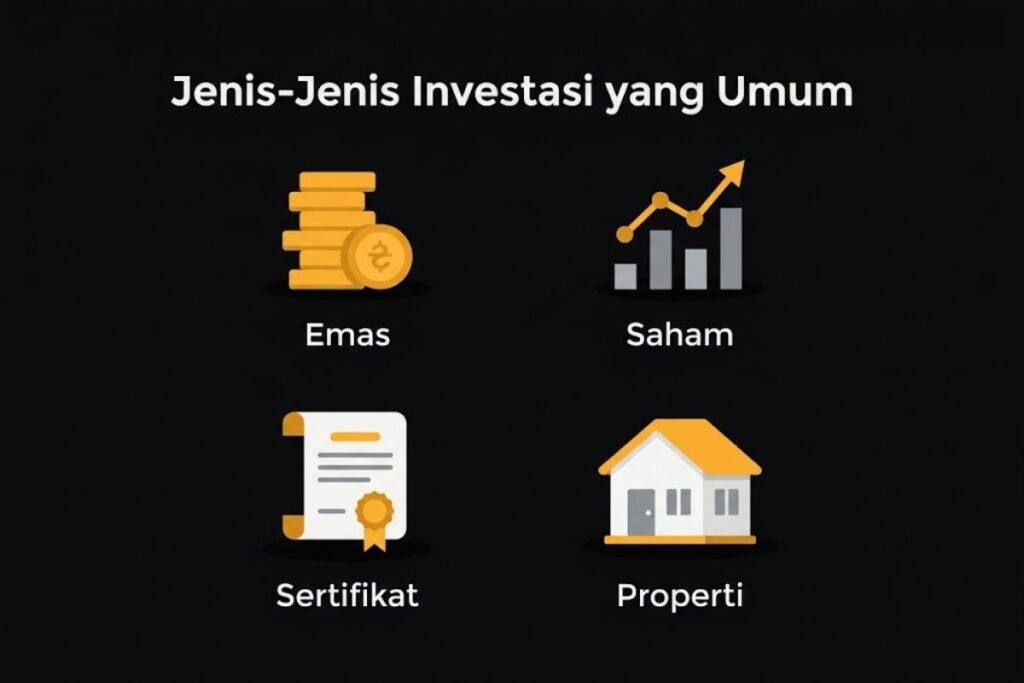 Ilustrasi jenis-jenis investasi umum: emas, saham, sertifikat obligasi, dan properti