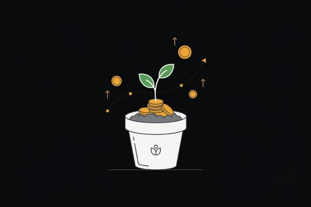 Ilustrasi pengertian investasi sederhana, tunas tumbuh dari tumpukan koin dalam pot