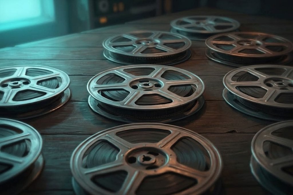 Deretan rol film klasik di atas meja kayu dengan pencahayaan temaram, merepresentasikan daftar 15 rekomendasi film horor Indonesia terbaik.