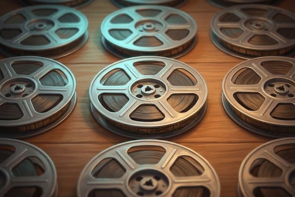 Deretan rol film klasik di atas meja kayu, merepresentasikan daftar 15 rekomendasi film drama Indonesia terbaik yang menyentuh.