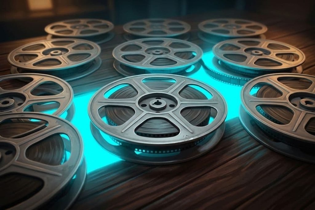 Deretan rol film klasik dengan pendaran cahaya biru neon di meja kayu, merepresentasikan daftar 15 rekomendasi film action Indonesia terbaik.