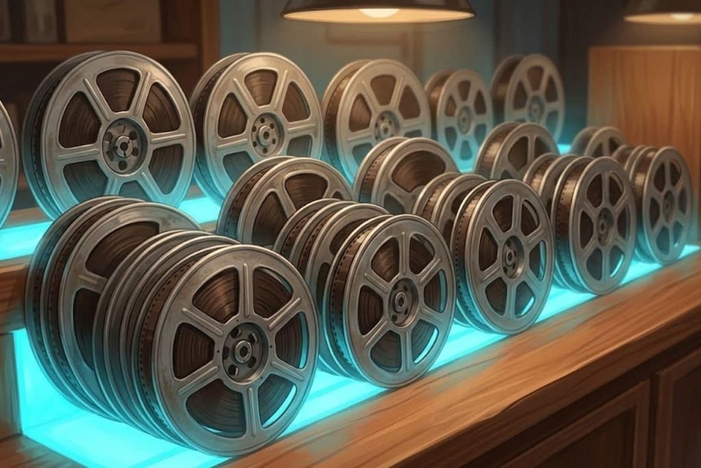 Tumpukan rol film klasik dengan sorotan cahaya biru di rak kayu, merepresentasikan daftar 15 rekomendasi film komedi Indonesia terbaik yang bikin ngakak.