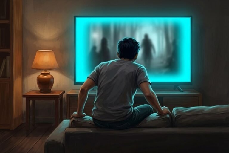 Seorang pria duduk tegang di sofa menatap adegan misterius di televisi, mengilustrasikan ketegangan dari daftar 15 film thriller Indonesia terbaik.