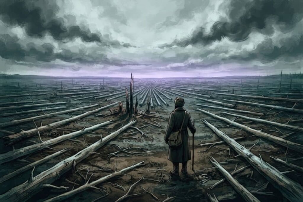 sosok pengelana mengamati lokasi lanskap dampak peristiwa ledakan Tunguska