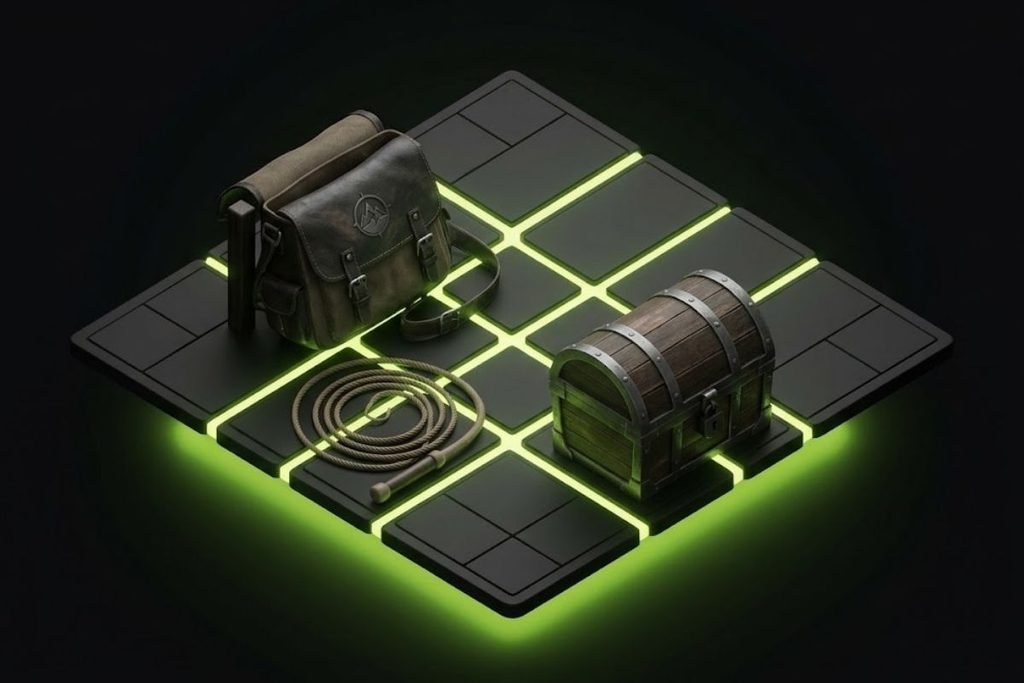 Perlengkapan petualangan seperti tas kulit, peti harta karun kuno, dan tali di atas papan berlampu hijau, melambangkan elemen eksplorasi dari genre game Action-Adventure.