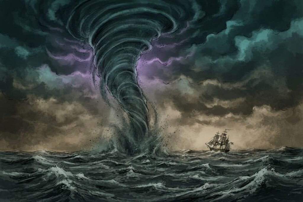 Ilustrasi badai di laut lepas yang sering dikaitkan dengan misteri hilangnya kru kapal Mary Celeste