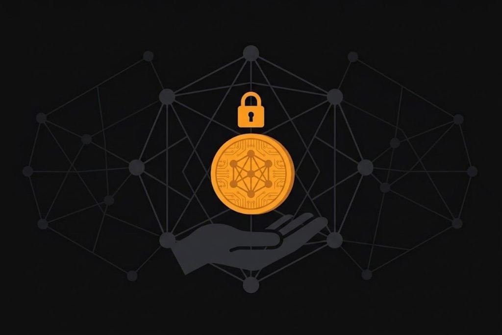 Ilustrasi koin kripto dengan ikon gembok keamanan di atas jaringan blockchain terdesentralisasi