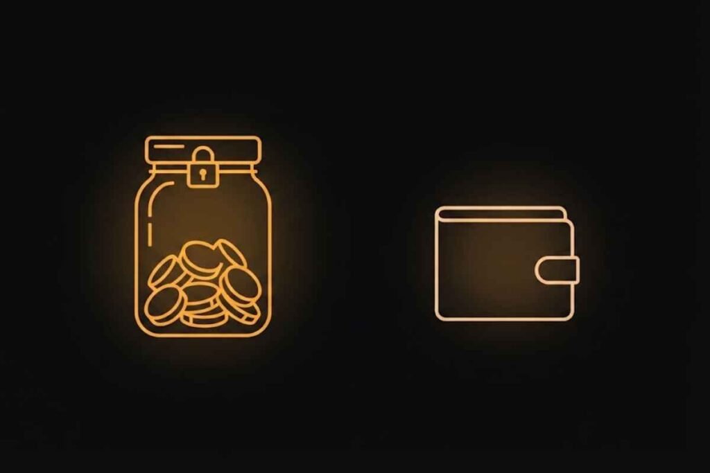 Ilustrasi pemisahan alokasi dana darurat yang tersimpan khusus di toples terkunci dengan uang dompet harian