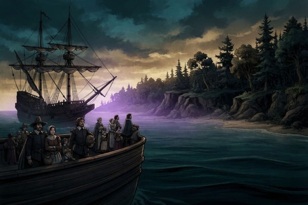 Ilustrasi kapal pemukim Inggris tiba di Pulau Roanoke pada abad ke-16