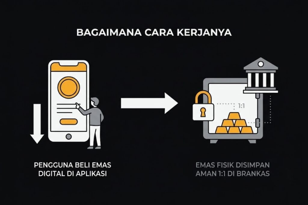 Ilustrasi cara kerja emas digital, pembelian di aplikasi dengan emas fisik tersimpan aman