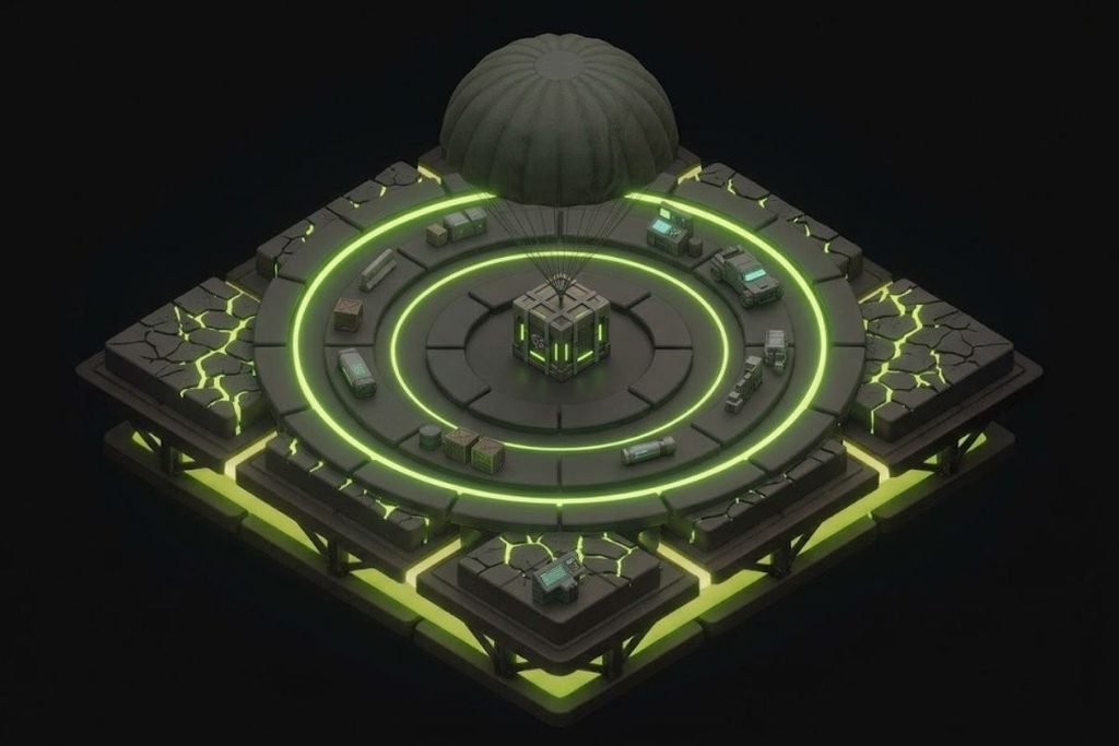 Ilustrasi kotak suplai berparasut di tengah arena lingkaran yang menyempit, melambangkan elemen bertahan hidup dan mencari perlengkapan dalam genre game Battle Royale.