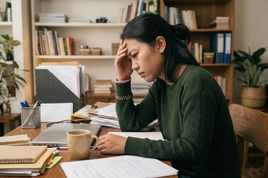 Seorang wanita stres berat dan kelelahan mental di meja kerja, menunjukkan perbedaan burnout dan stres biasa.