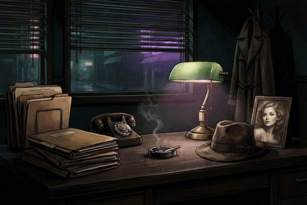 Ilustrasi noir arsip kasus Black Dahlia di Los Angeles 1940-an
