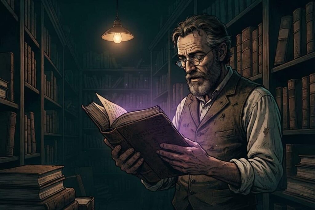 Ilustrasi kolektor memeriksa Manuskrip Voynich di ruang buku langka yang remang