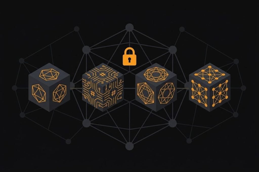 Ilustrasi rantai blok data dan node jaringan yang menggambarkan cara kerja teknologi blockchain