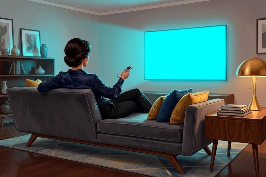 Seorang wanita bersantai di sofa sambil memegang remote TV, mengilustrasikan panduan cara memilih genre film yang tepat sesuai dengan suasana hati atau mood.