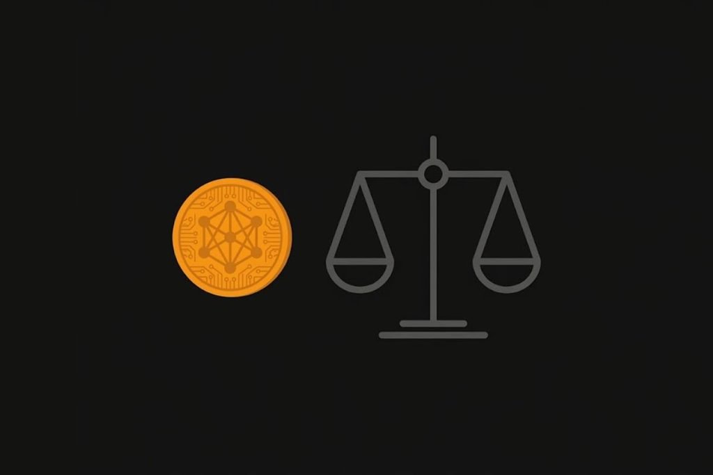 Ilustrasi koin kripto dan timbangan hukum terkait regulasi serta legalitas crypto di Indonesia