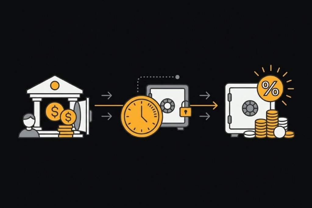 Ilustrasi cara kerja deposito, uang dikunci selama periode dengan bunga tetap