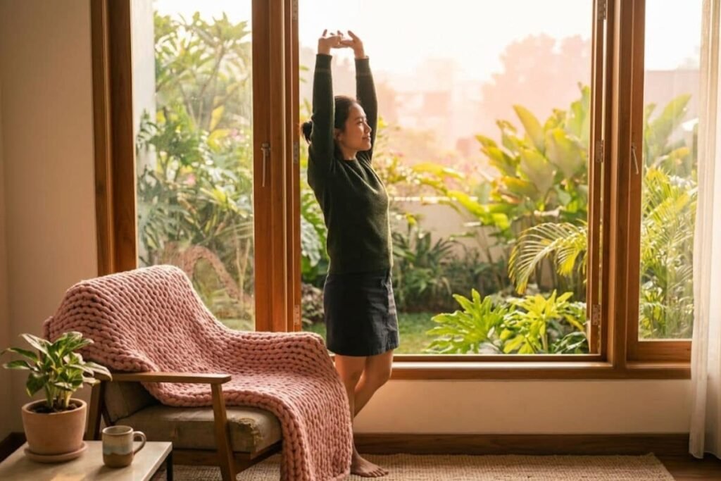 Wanita meregangkan badan di dekat jendela, ilustrasi cara mengatasi dan memulihkan diri dari burnout kerja