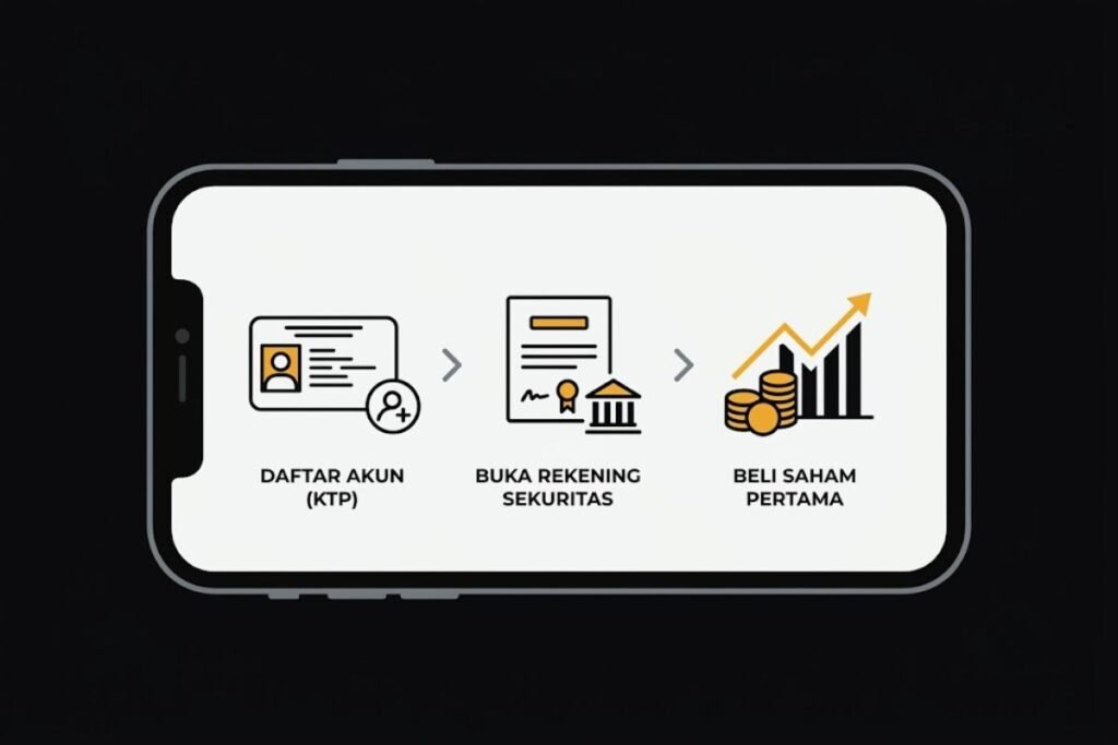 Ilustrasi langkah cara mulai investasi saham bagi pemula lewat aplikasi sekuritas