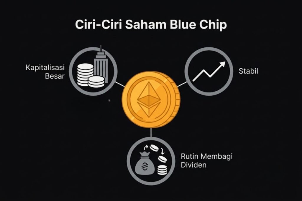 Ilustrasi ciri-ciri saham blue chip, kapitalisasi besar, stabil, dan rutin dividen