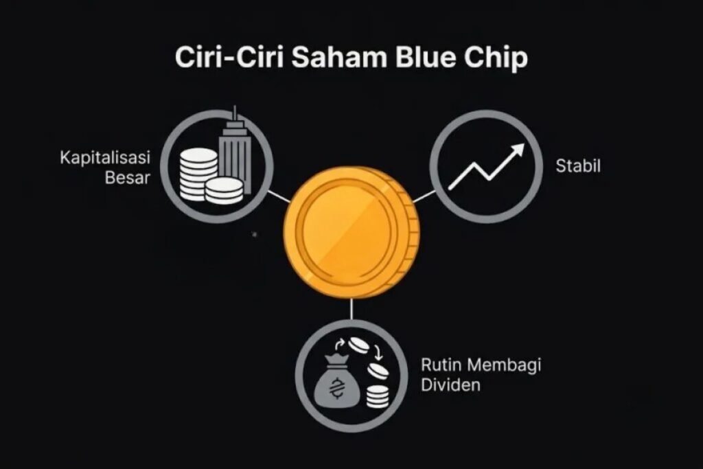 Ilustrasi ciri-ciri saham blue chip, kapitalisasi besar, stabil, dan rutin dividen