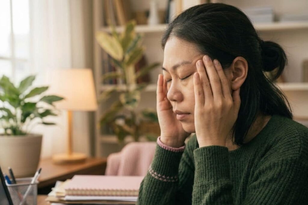 Wanita memegang pelipis menahan pusing, contoh ciri-ciri dan gejala burnout secara fisik