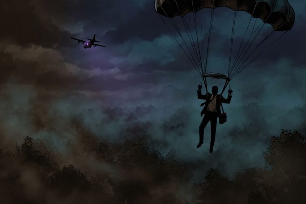 Ilustrasi siluet D.B. Cooper terjun payung di malam hari