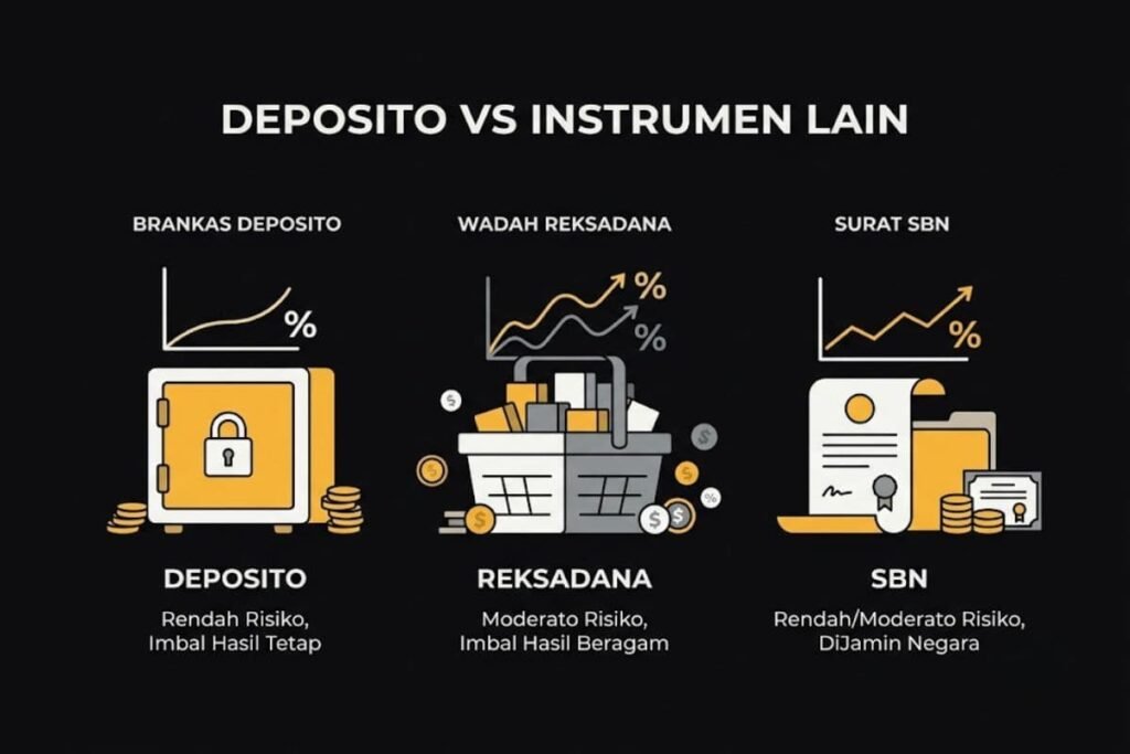 Ilustrasi perbandingan deposito dengan instrumen investasi lain seperti reksadana dan SBN