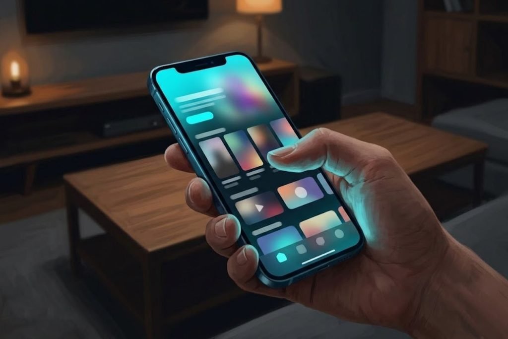 Seseorang memegang smartphone yang menampilkan antarmuka aplikasi streaming, mengilustrasikan panduan tempat nonton film horor Indonesia secara legal.