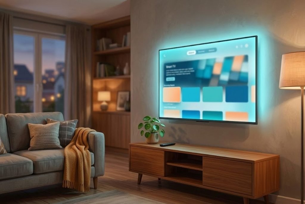 Smart TV yang menampilkan antarmuka aplikasi streaming di ruang keluarga, mengilustrasikan panduan tempat nonton film action Indonesia secara legal.