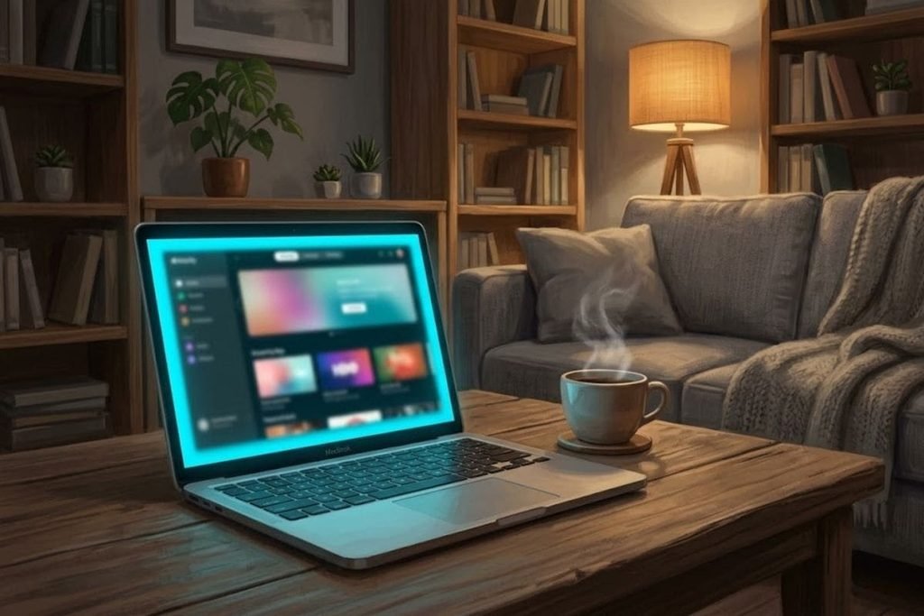 Laptop yang menampilkan platform streaming dan secangkir kopi di meja kayu, mengilustrasikan panduan tempat nonton film komedi Indonesia secara legal.