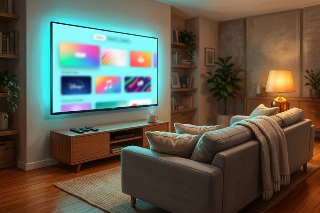Smart TV yang menampilkan antarmuka aplikasi streaming di ruang keluarga yang nyaman, mengilustrasikan panduan tempat nonton film romantis Indonesia secara legal.