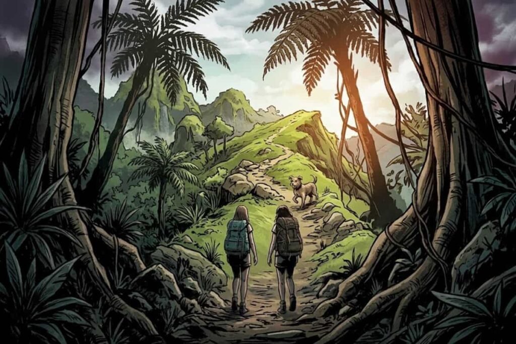 Ilustrasi Kris Kremers dan Lisanne Froon berjalan mendaki jalur El Pianista Panama bersama seekor anjing.