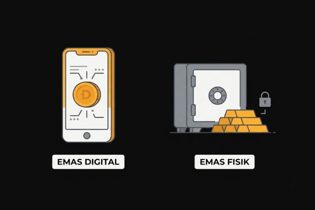 Ilustrasi perbandingan emas digital dan emas fisik berdampingan