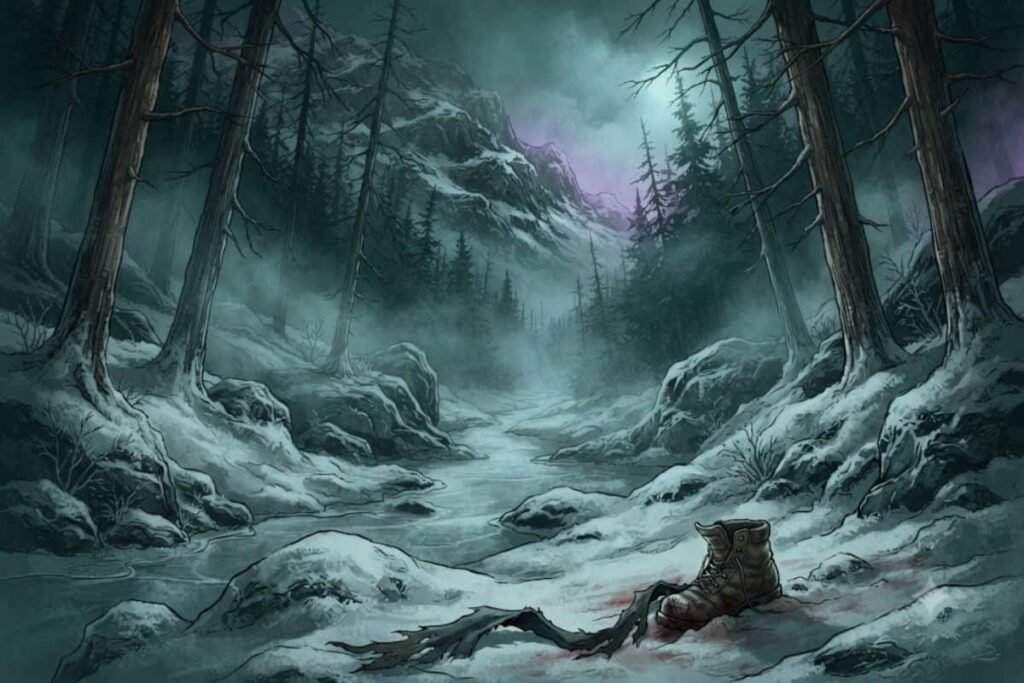 Ilustrasi jurang bersalju tempat empat pendaki terakhir Dyatlov Pass ditemukan, dengan sepatu bot dan bercak di salju
