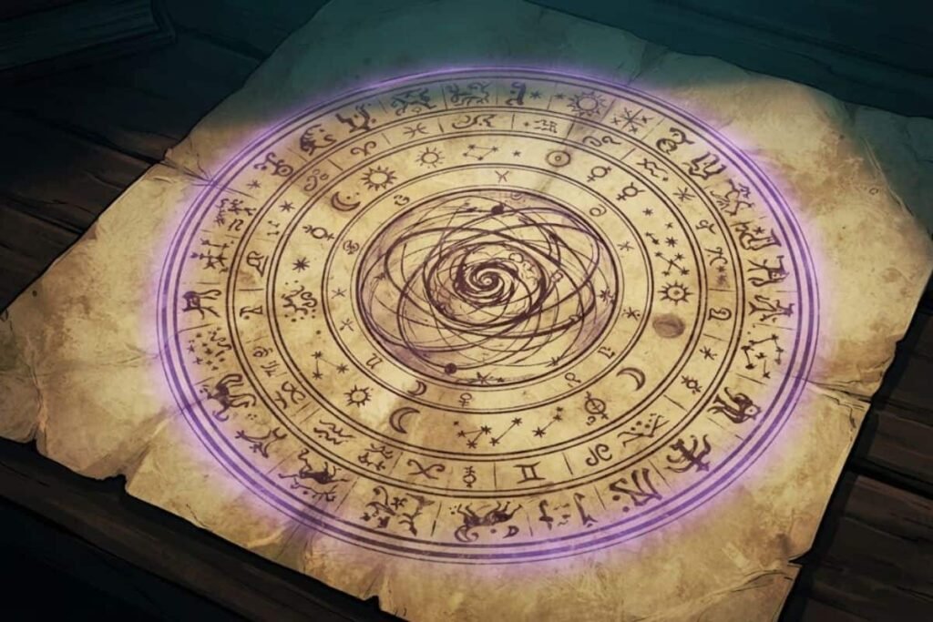 Diagram astronomi melingkar bergaya Manuskrip Voynich dengan simbol zodiak dan bintang