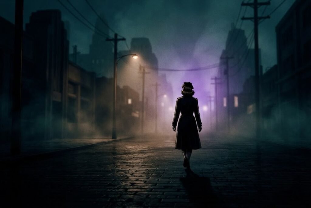 Ilustrasi Elizabeth Short menghilang di jalan Los Angeles malam hari