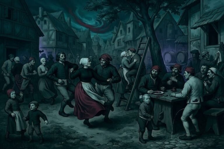 Ilustrasi digital sinematik kerumunan warga abad pertengahan yang terjangkit wabah tarian massal (Dancing Plague 1518).