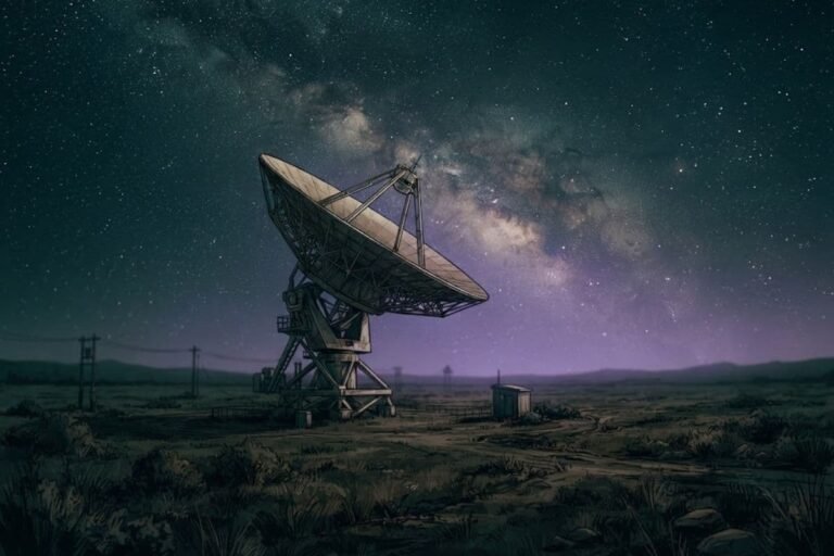 Ilustrasi digital sinematik teleskop radio mendengarkan sinyal dari galaksi Bima Sakti di malam hari.