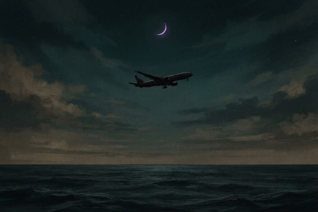 Ilustrasi pesawat Boeing 777 Malaysia Airlines MH370 terbang di atas lautan gelap saat senja sebelum hilang dari radar.