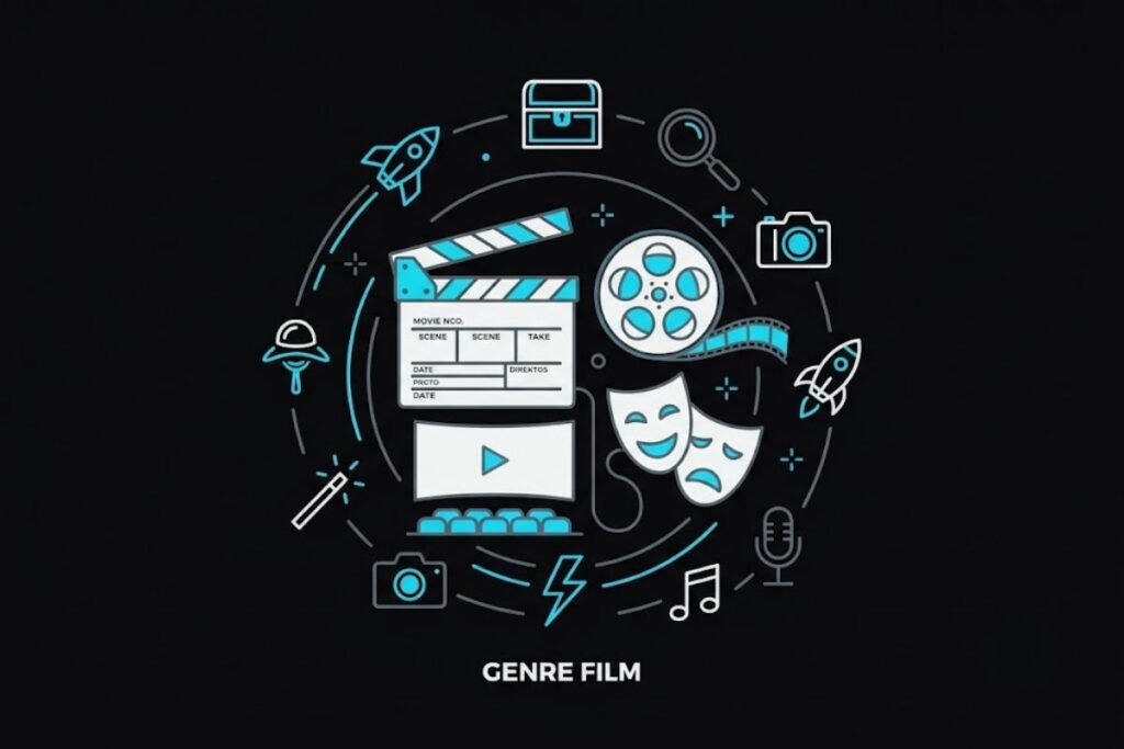 Ilustrasi ragam genre film dengan berbagai ikon sinema