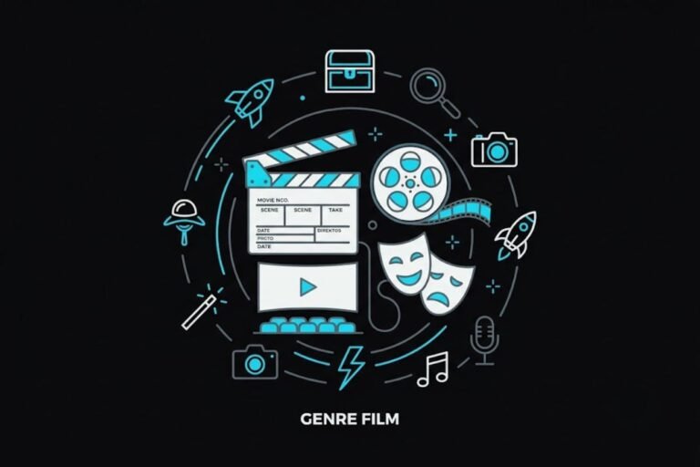 Ilustrasi ragam genre film dengan berbagai ikon sinema