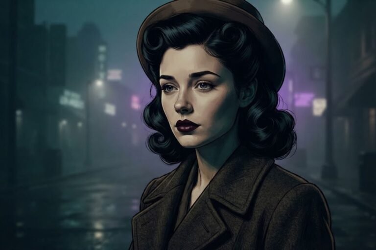 Ilustrasi misteri Black Dahlia, potret perempuan muda bergaya 1940-an di Los Angeles