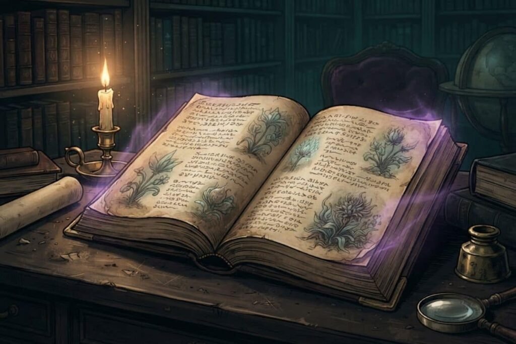 Manuskrip Voynich kuno terbuka menampilkan aksara Voynichese dan sketsa tumbuhan asing dengan cahaya misterius